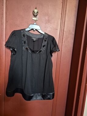 Styles & CO Black Square-Neck Rhinestone Decor Short Sleeve Women's Blouse SZ 14